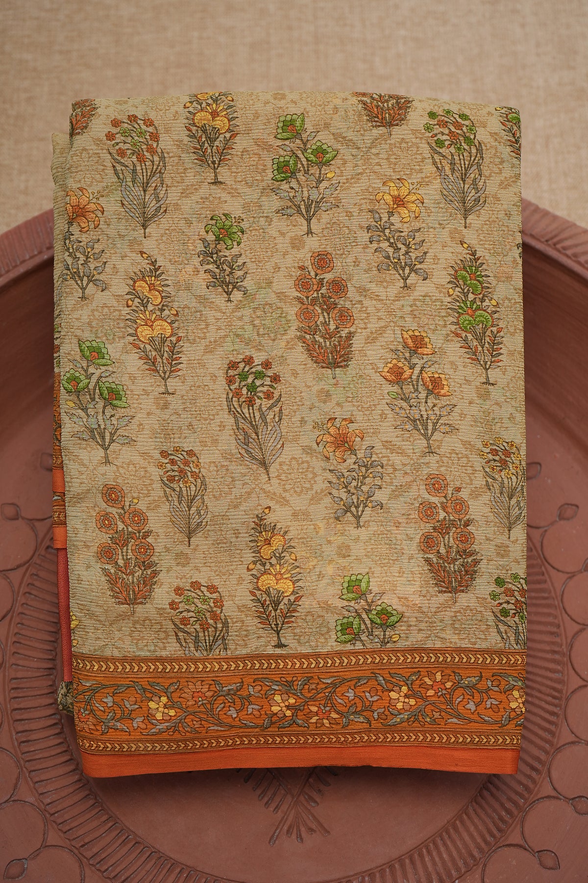 Floral Digital Printed Beige Chiffon Saree