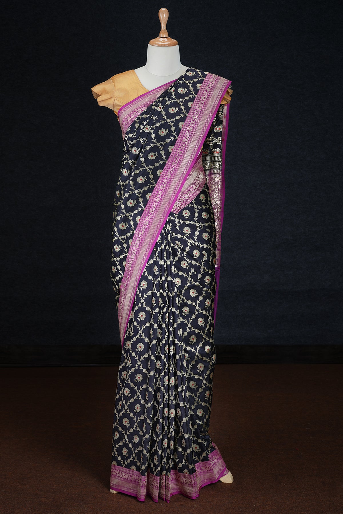 Trellis Floral Design Black Banarasi Silk Saree