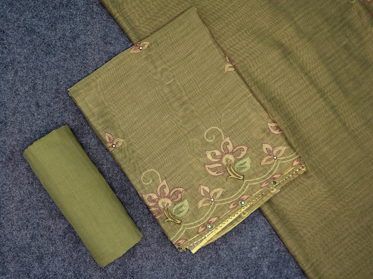Embroidered Floral Design Sage Green Satin Linen Unstitched Salwar Material