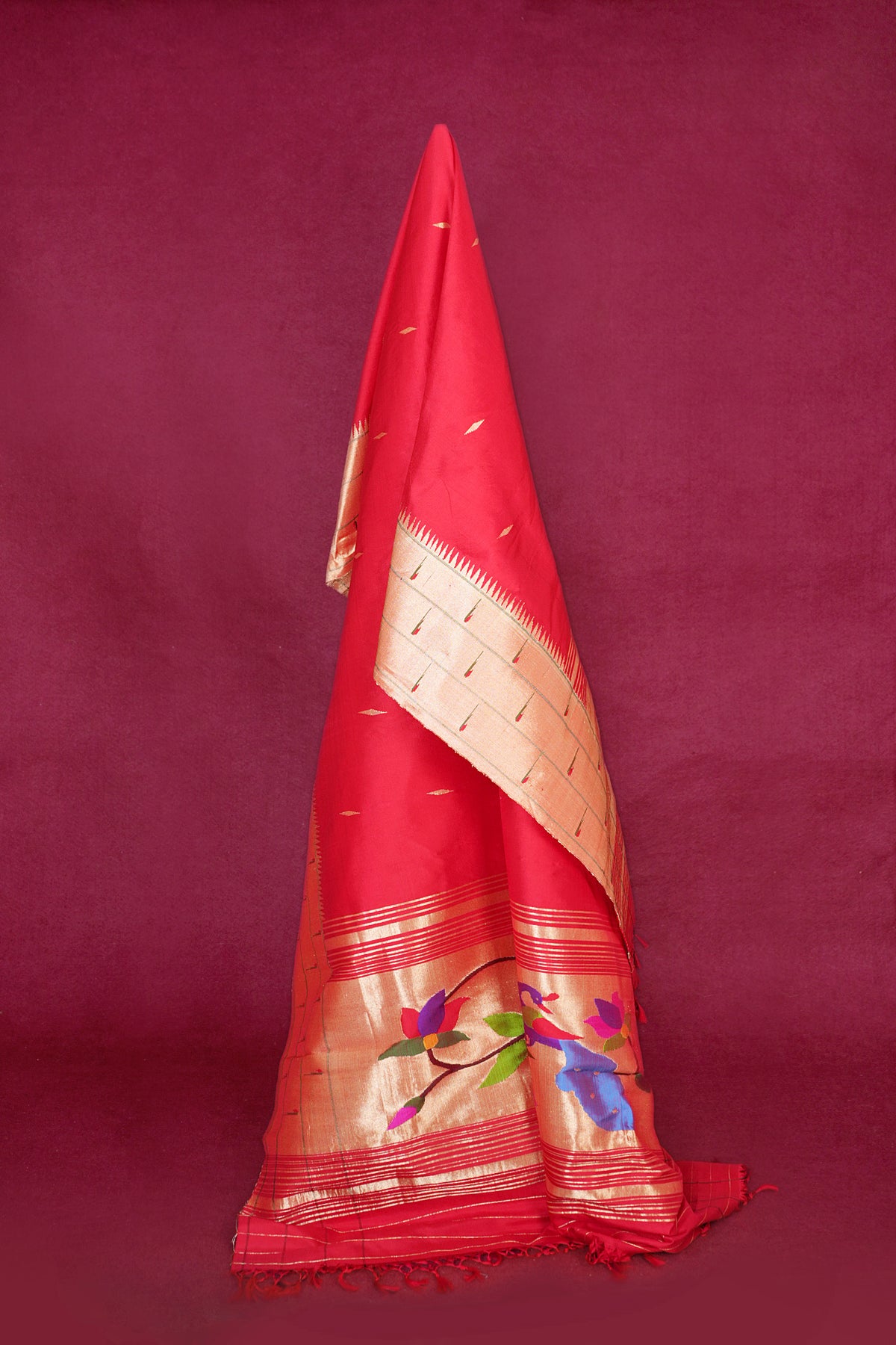 Peacock Design Zari Buttas Scarlet Red Paithani Silk Dupatta