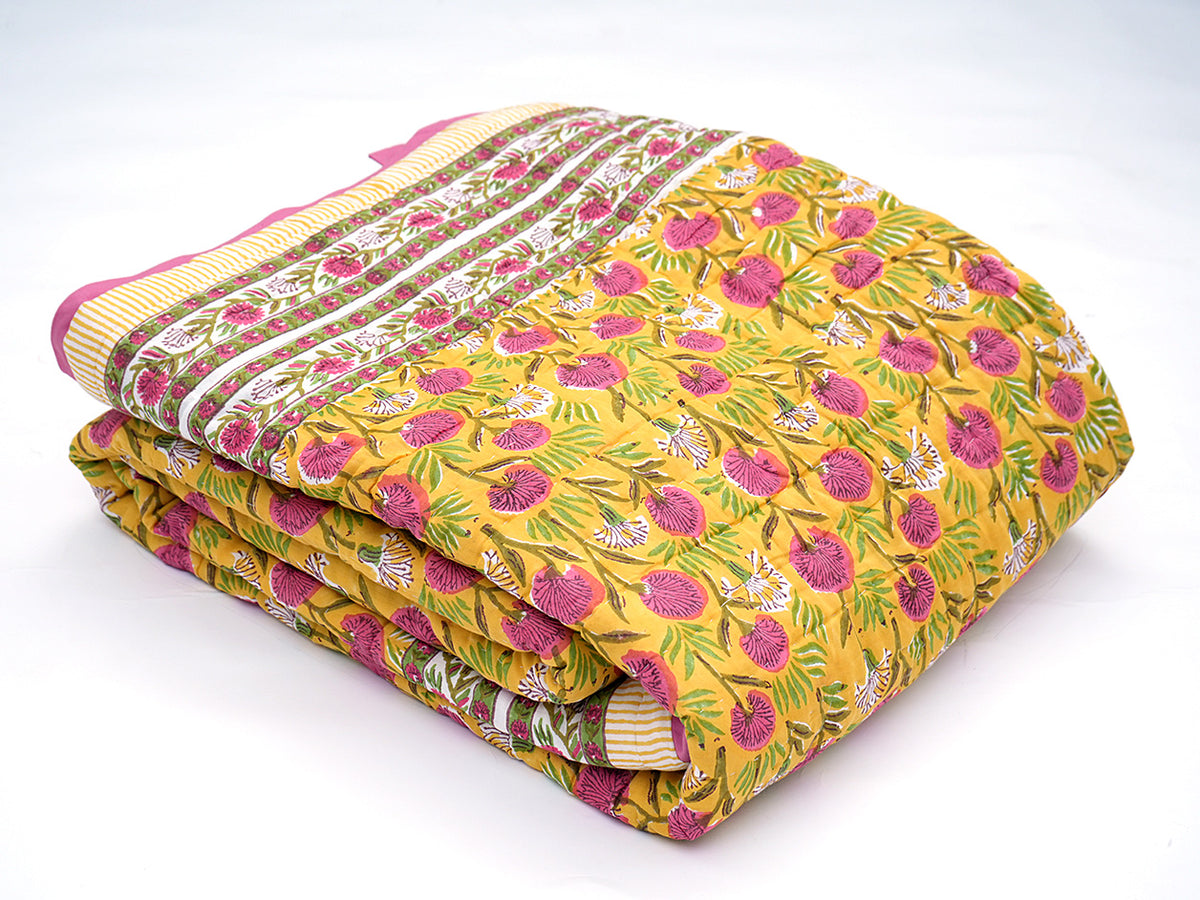 Floral Design Yellow And Pink Cotton Double Quilt