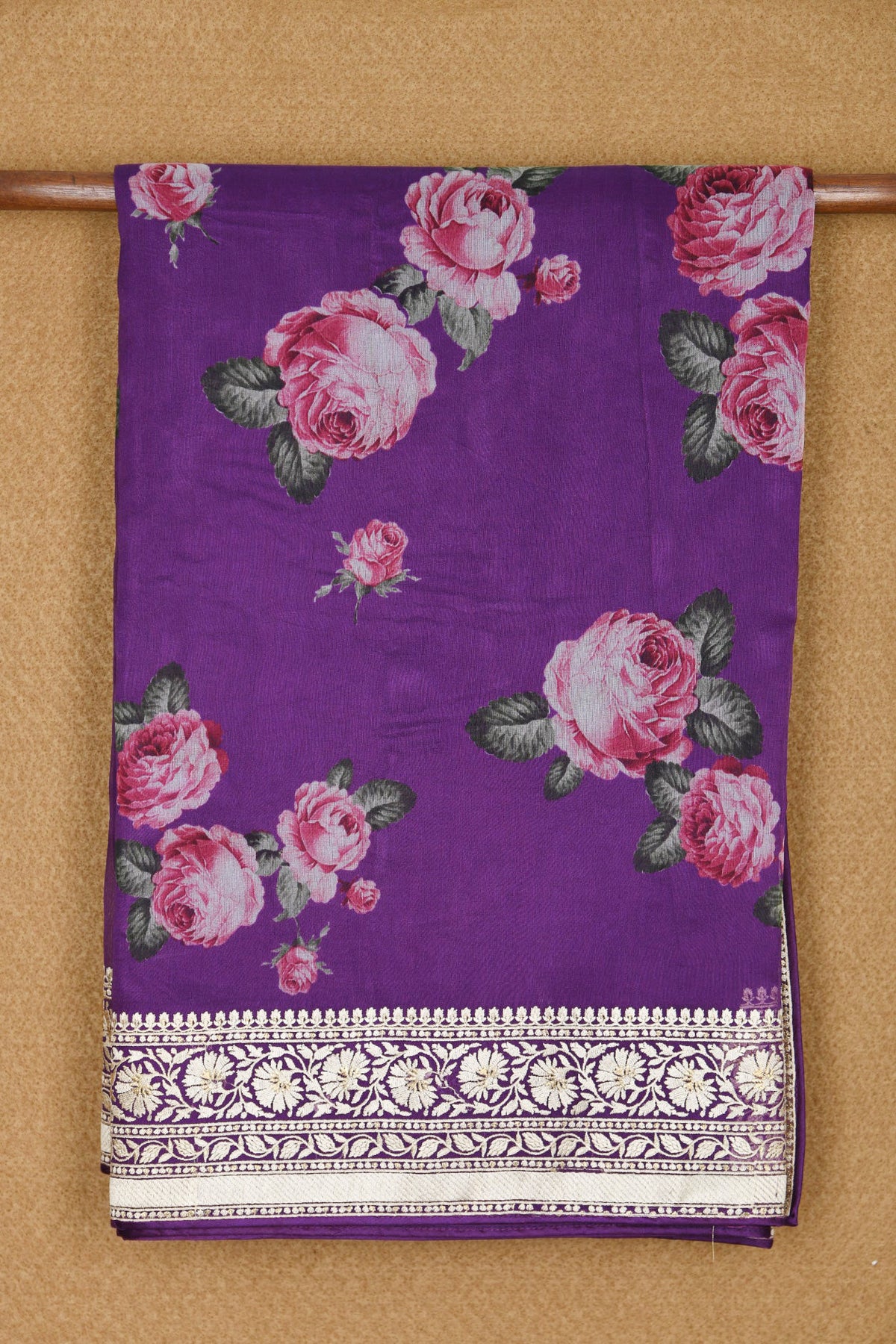 Embroidered Border With Botanical Digital Printed Brinjal Purple Organza Saree