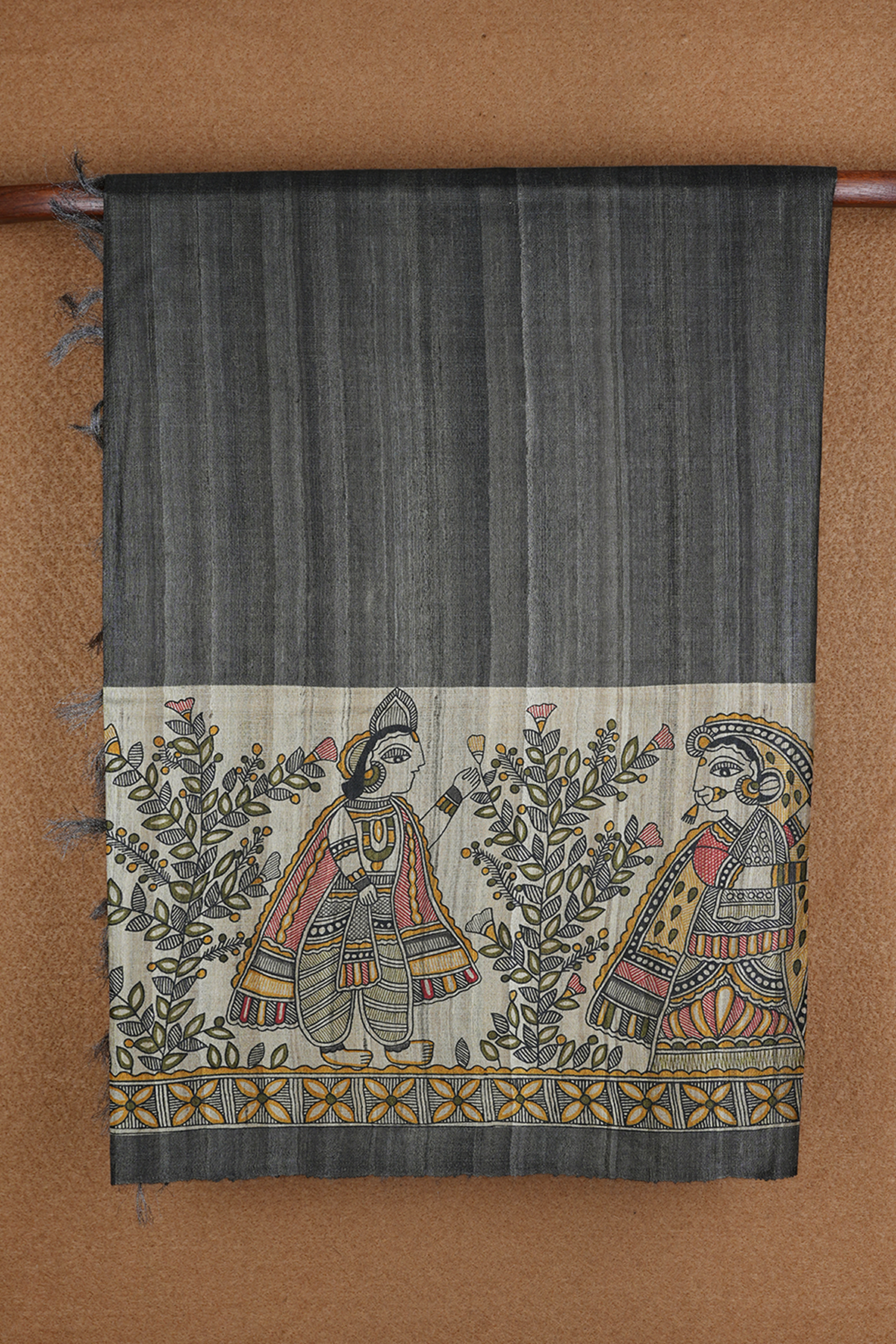 Printed Madhubani Pallu In Plain Dark Grey Tussar Silk Saree