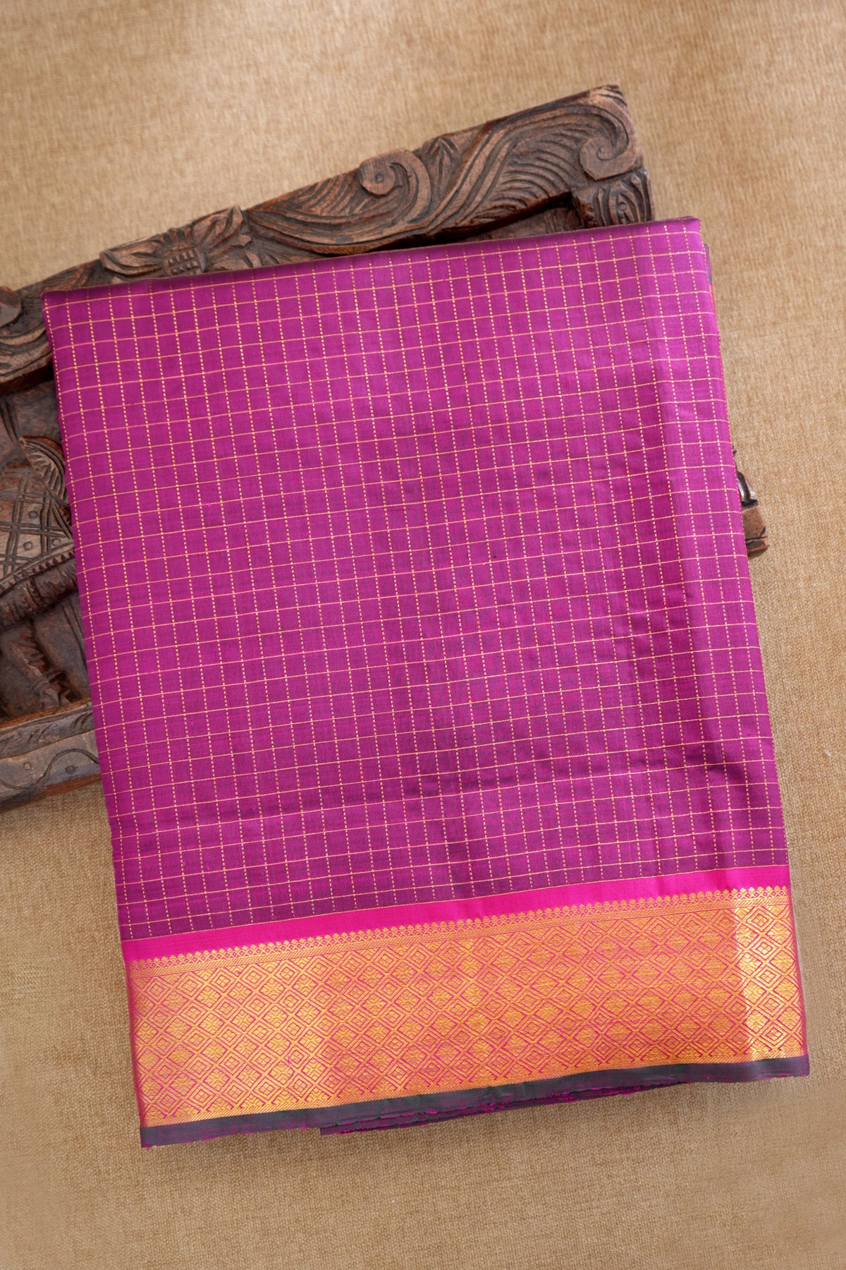 Diamond Border With Zari Checks Purple Nine Yards Kanchipuram Silk Saree