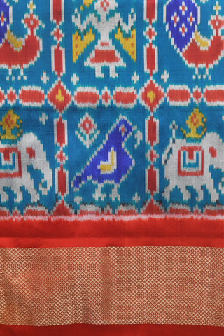 Diamond Zari Border With Checks And Animal Design Cerulean Blue Pochampally Silk Saree