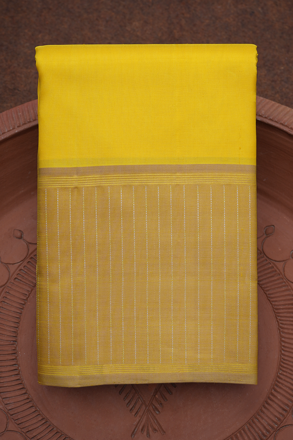 Stripe Border Plain Lemon Yellow Kanchipuram Silk Saree