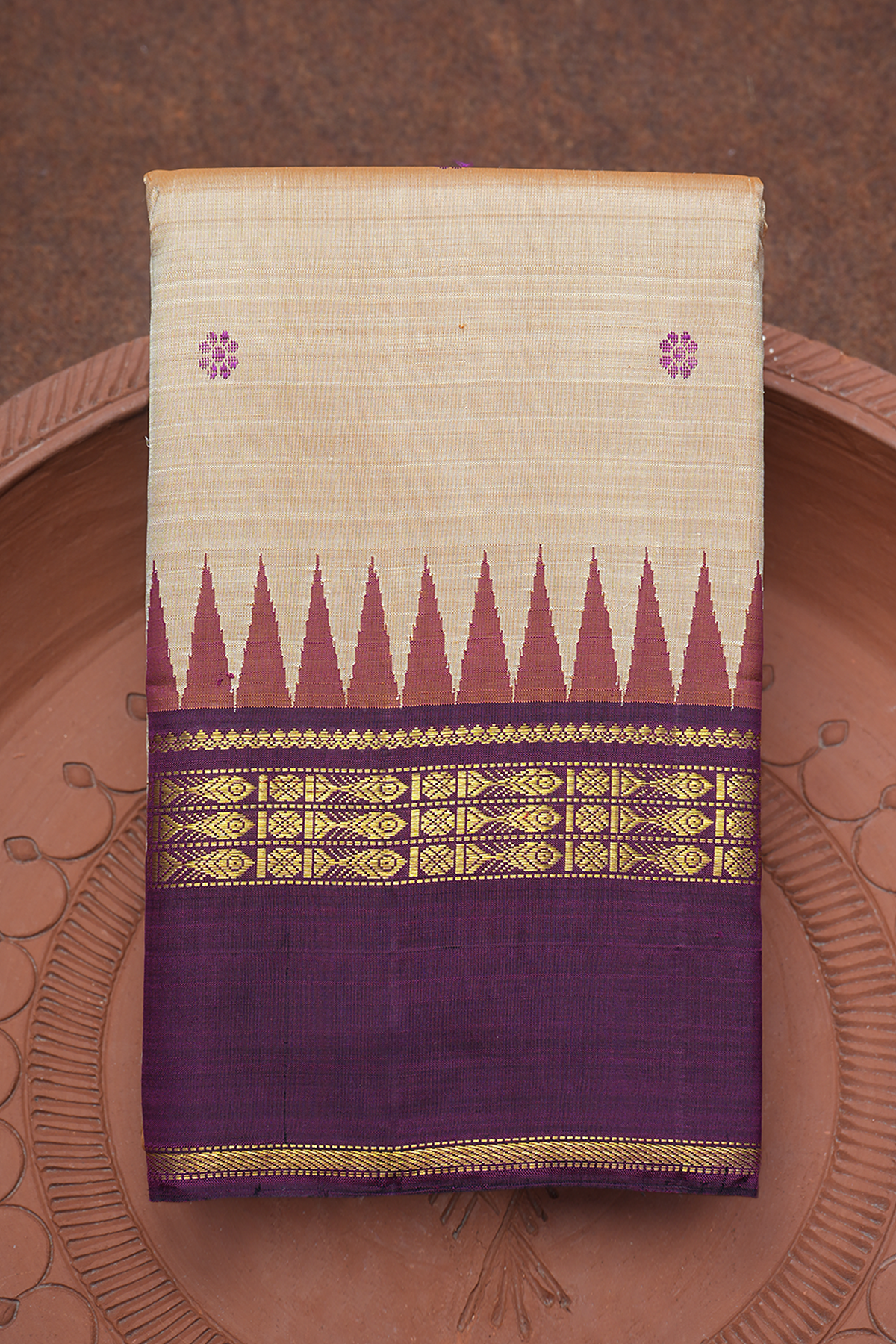 Floral Threadwork Motifs Tan Kanchipuram Silk Saree