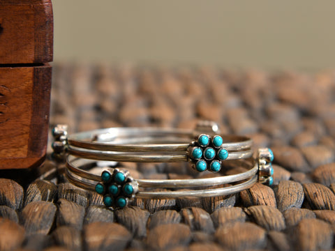 Turquoise Blue Stone Two Layer Oxidised Pure Silver Bangles