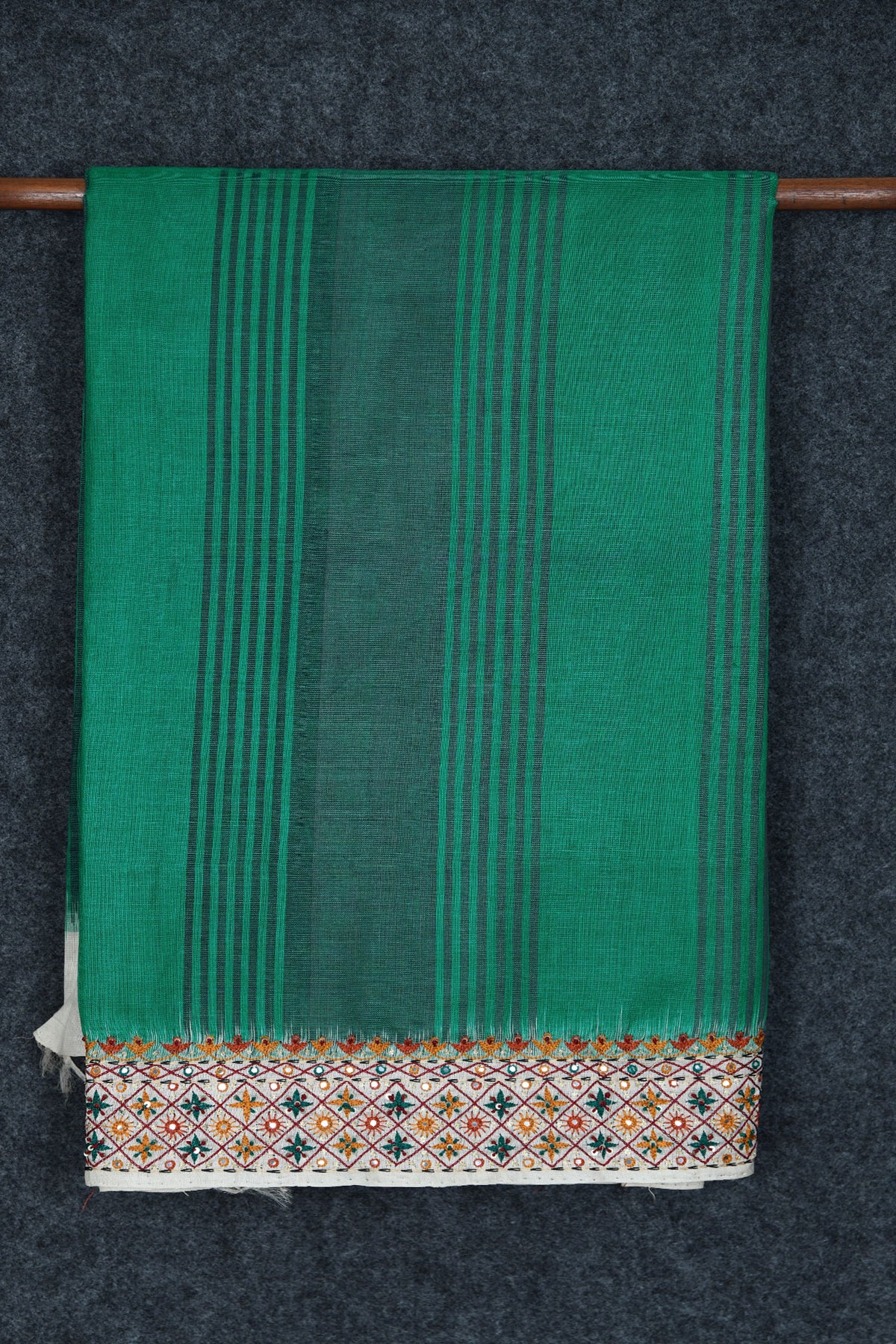 Embroidered And Mirror Work Border In stirpes Green Tussar Silk Saree