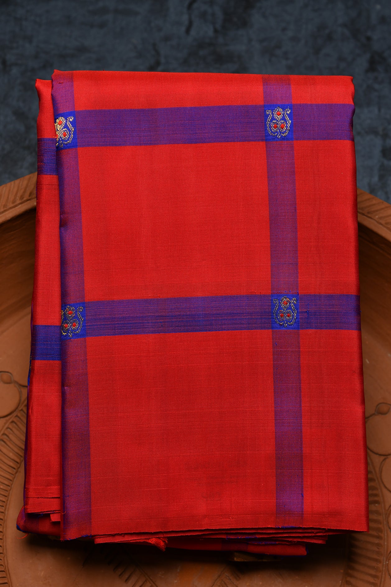 Checked And Zari Buttis Red Kanchipuram Silk Saree