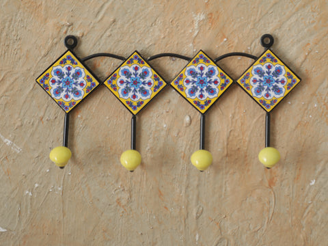 Painted Ceramic Tile Wall Hanger With 4 Hooks