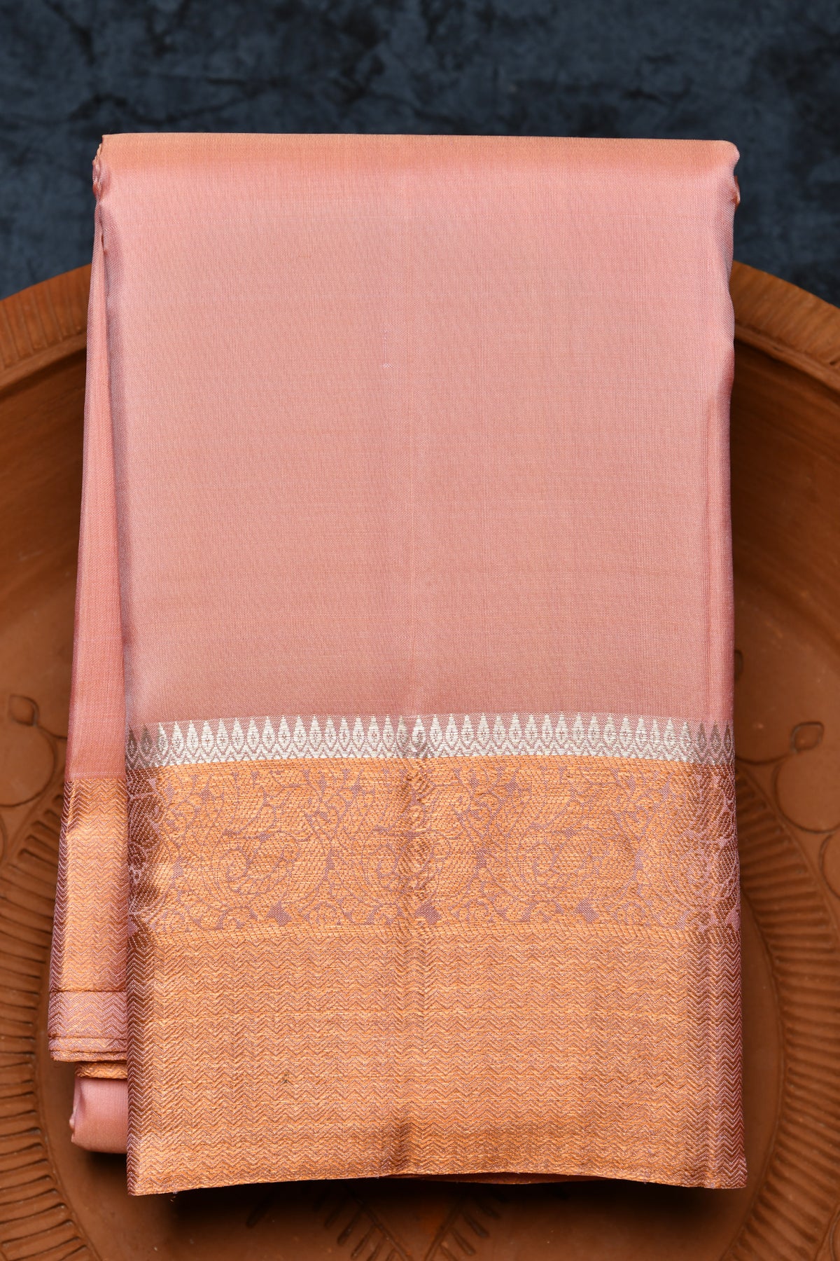 Peacock And Chevron Border In Plain Soft Pink Kanchipuram Silk Saree