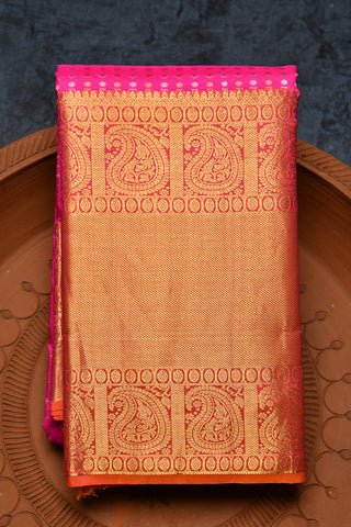 Paisley Big Border With Brocade Gold And Silver Zari Stripes Hot Pink Kanchipuram Silk Saree