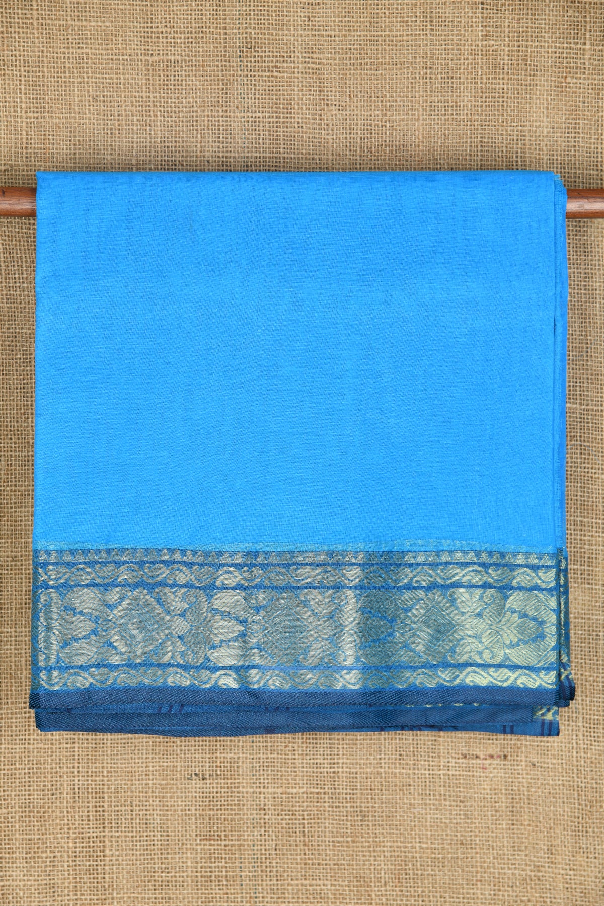 Contrast Floral Zari Border Ramar Blue Plain Bengal Cotton Saree