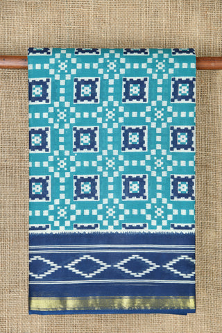 Geometric Design Turquoise Blue Printed Cotton Saree