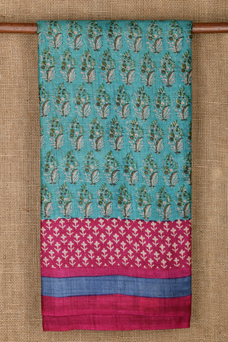 Contrast Border With Paisley Floral Printed Teal Green Tussar Silk Saree