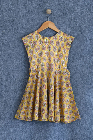 Floral Printed Sand Yellow Cotton Frock