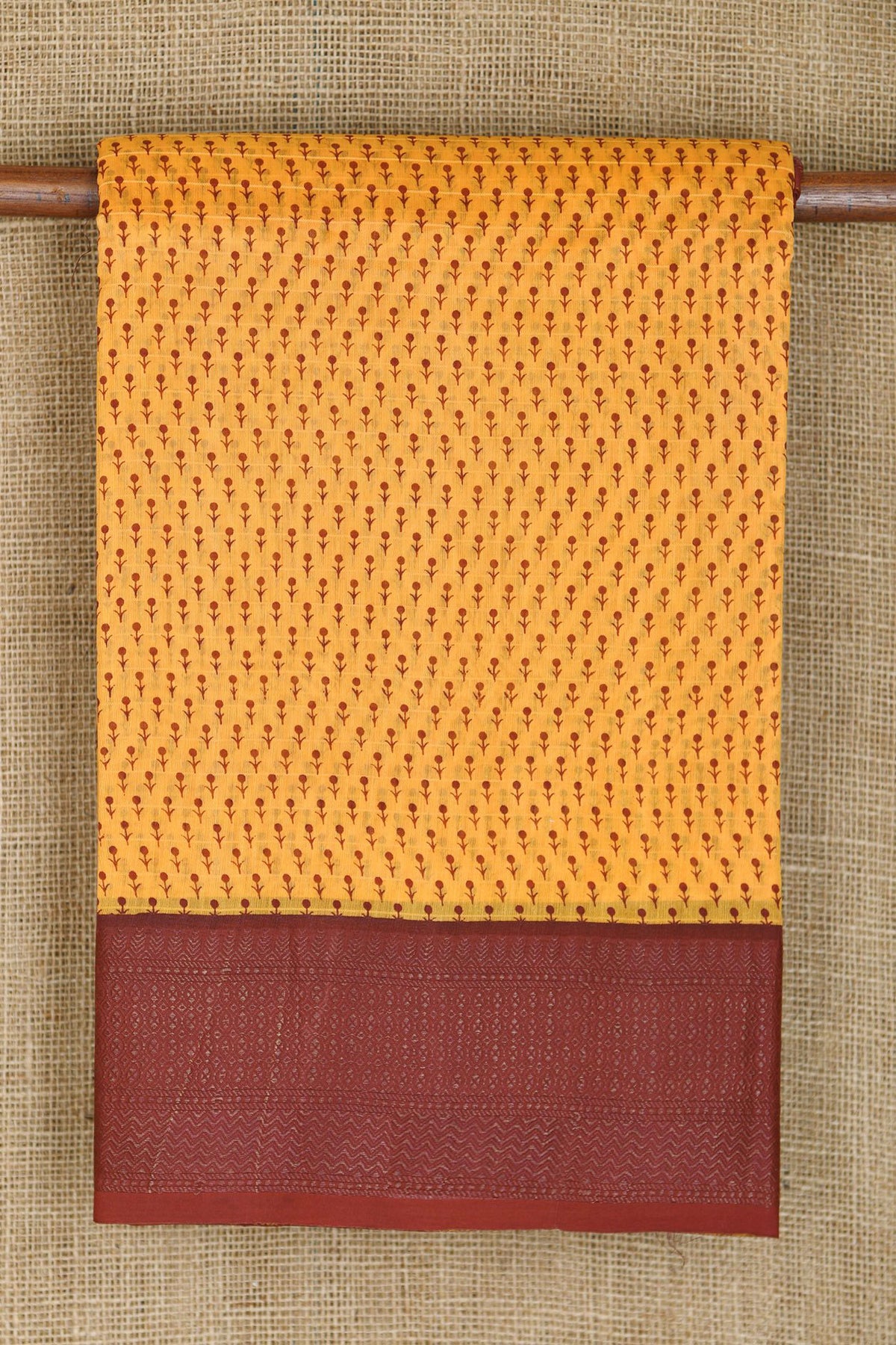 Contrast Border In Floral Buttis Marigold Yellow Chanderi Cotton Saree