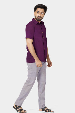 Regular Collar In Plain Deep Purple Semi Raw Silk Shirt