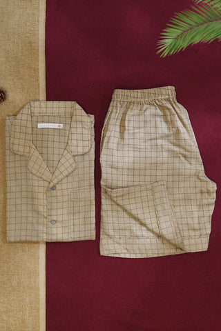 Camp Collar Shirt And Shorts Set In Beige Cotton Checked Mens Night Suit