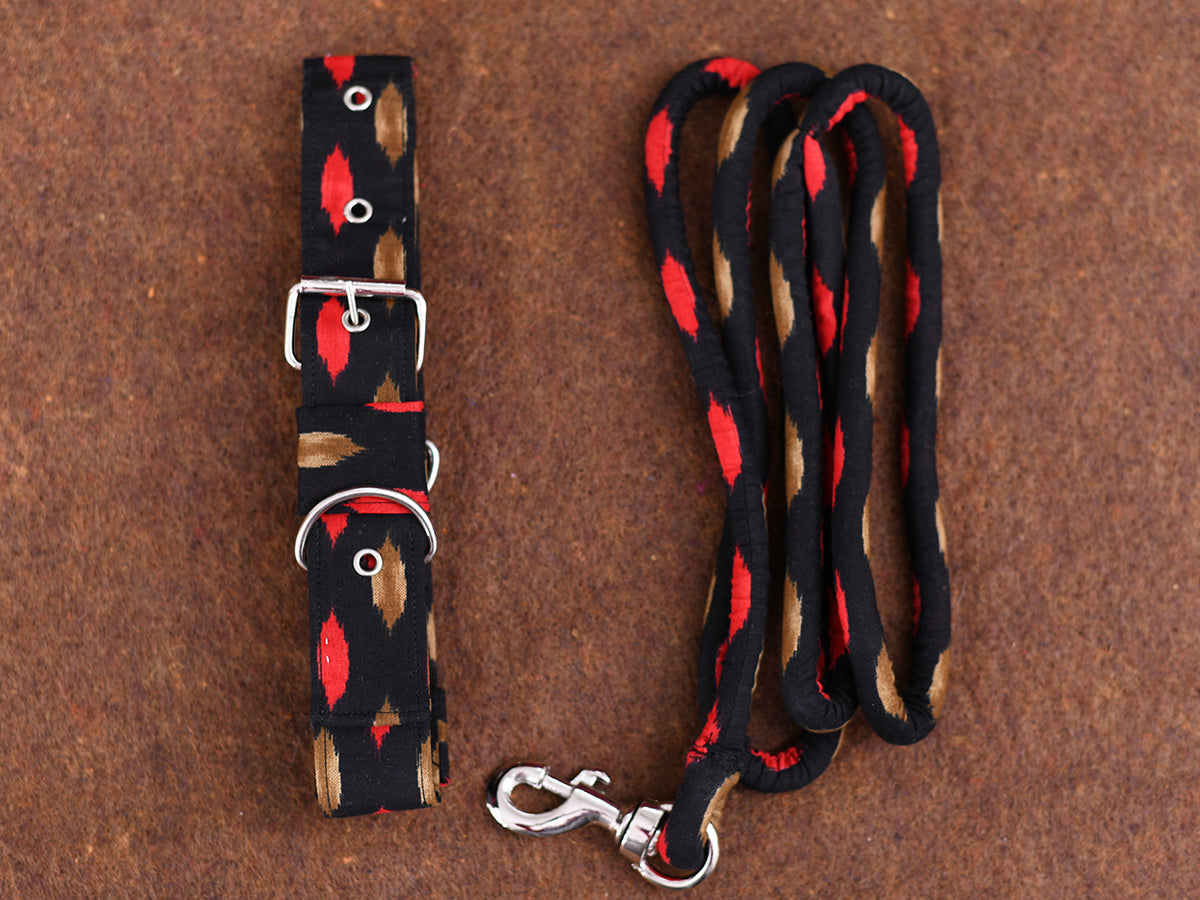 Black Cotton Ikat Dog Collar With Rope Set