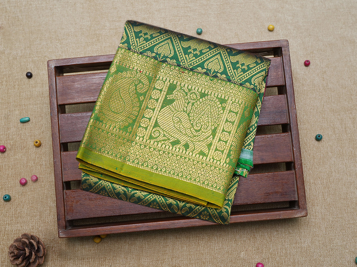 Allover Design With Traditional Gold Zari Border Forest Green Pavadai Sattai Material