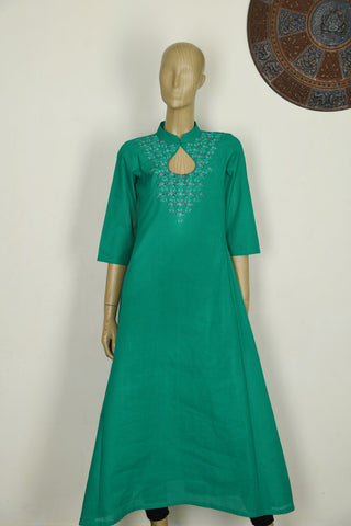 Keyhole Neck Chinese Collar Embroidered Pine Green Cotton A-Line Long Kurta