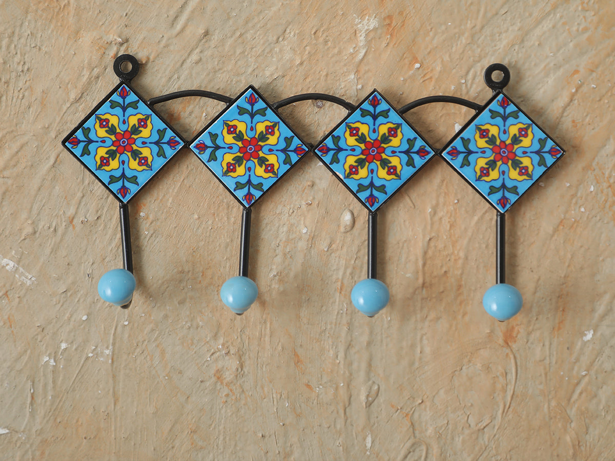 Painted Ceramic Tile Wall Hanger With 4 Hooks