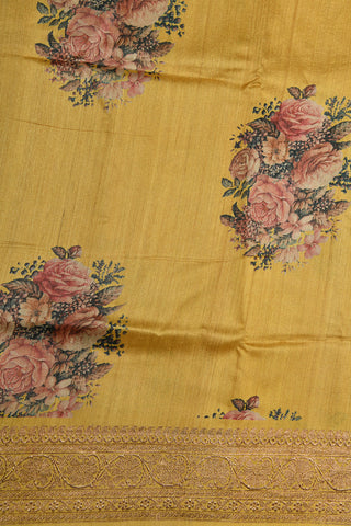 Botanical Print Yellow Tussar Silk Saree