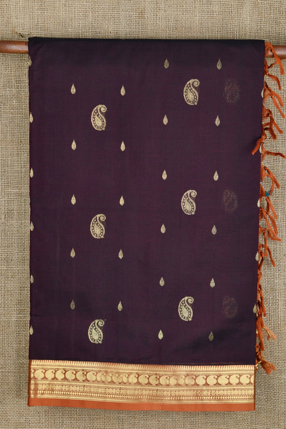 Paisley Design Plum Brown Nine Yards Silk Cotton Saree