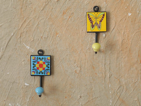 Painted Ceramic Tile Wall Hanger With 1 Hooks