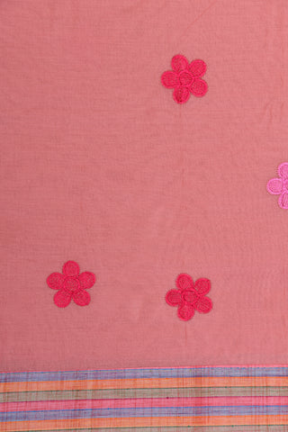 Pastel Stripes Border With Embroidered Floral Design Rose Pink Ahmedabad Cotton Saree