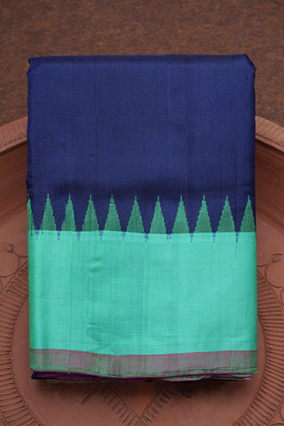 Temple Border With Plain Navy Blue Gadwal Silk Cotton Saree
