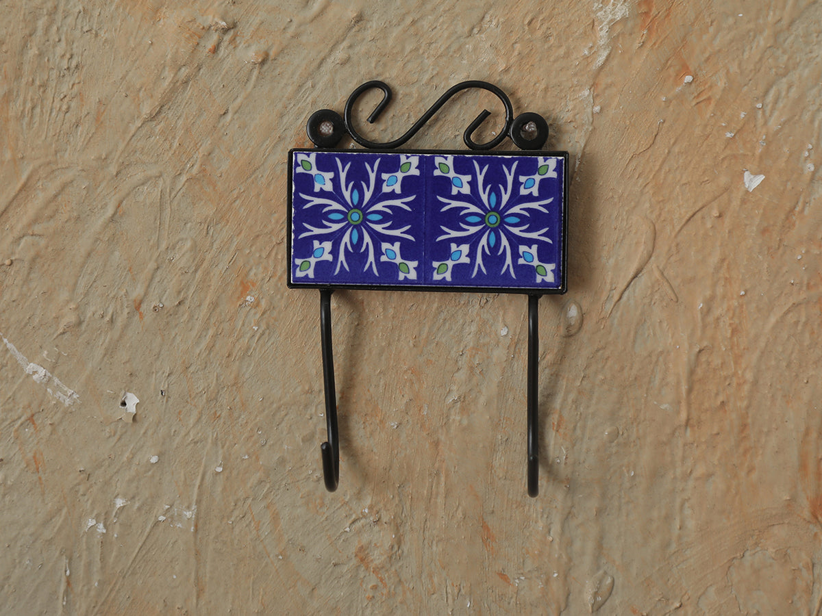 Painted Ceramic Tile Wall Hanger With 2 Hooks
