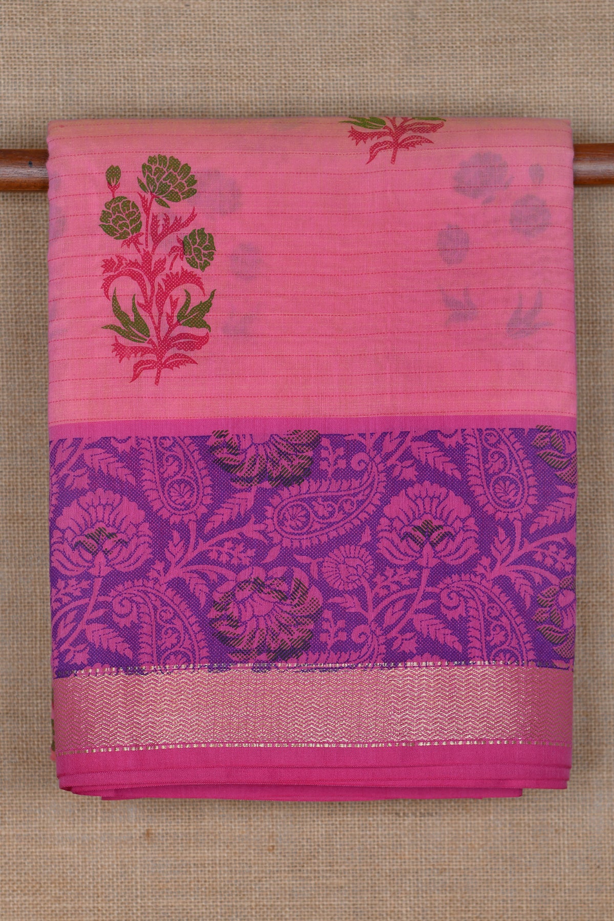 Stripes And Buttis With Contrast Border Pink Chanderi Cotton Saree