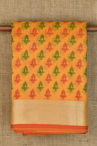 Orange And Green Buttis On Yellow Chanderi Cotton Saree