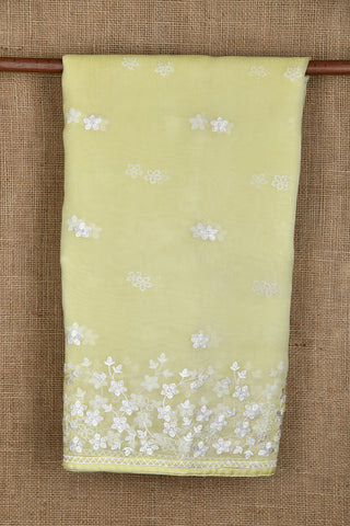 Embroidered Floral Border And Buttis Soft Yellow Organza Saree