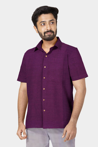 Regular Collar In Plain Deep Purple Semi Raw Silk Shirt