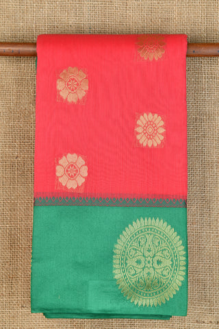 Contrast Border Floral Zari Butta Red Kora Silk Cotton Saree