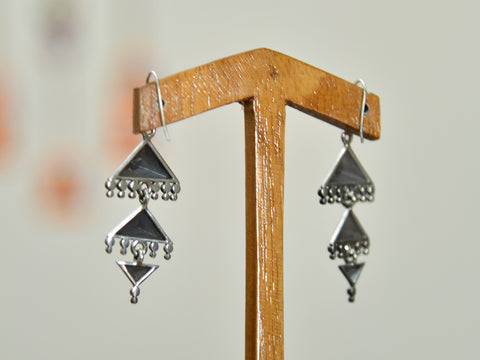 Triangle Triple Layer Oxidised Pure Silver Hook Earrings