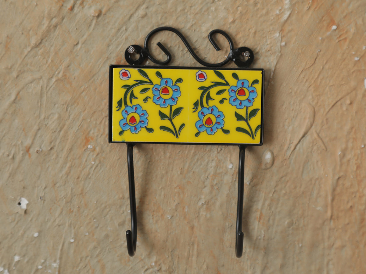 Painted ceramic Tile Wall Hanger With 2 Hooks