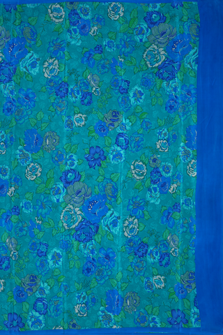 Allover Floral Digital Printed Teal Blue Crepe Saree