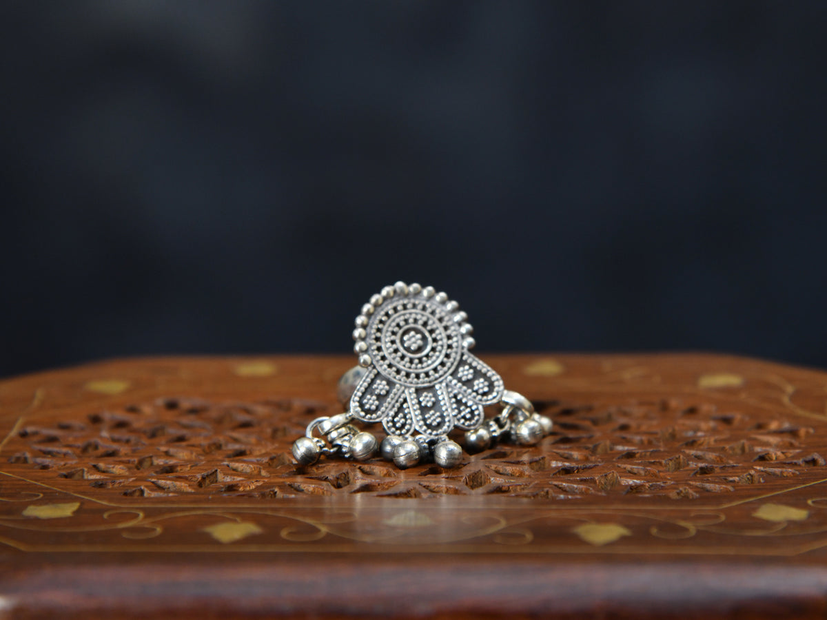 Rava Work And Silver Beads Oxidised Pure Silver Adjustable Ring