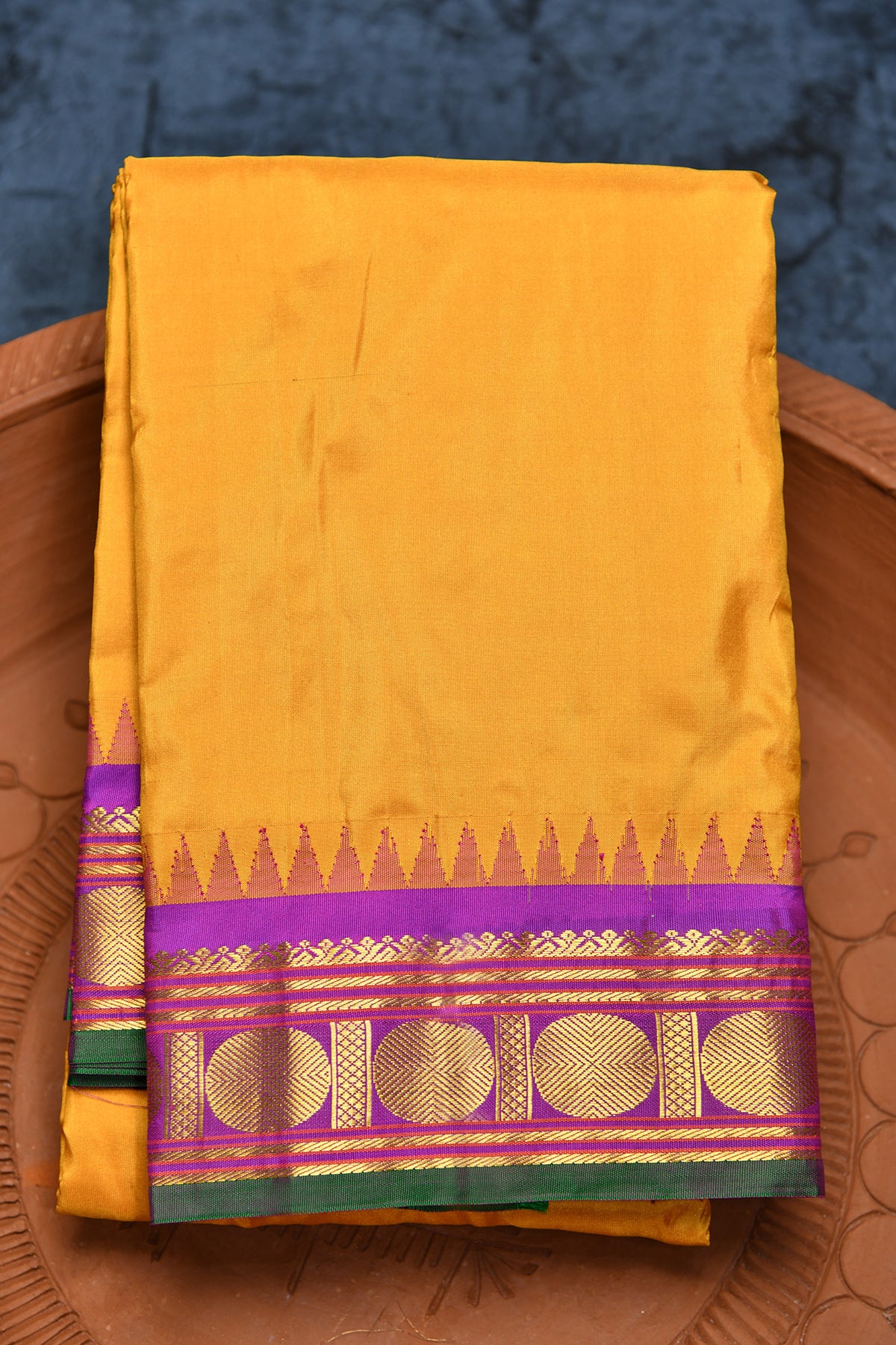 Rudraksha Butta Temple Border Mustard Yellow Kanchipuram Silk Saree