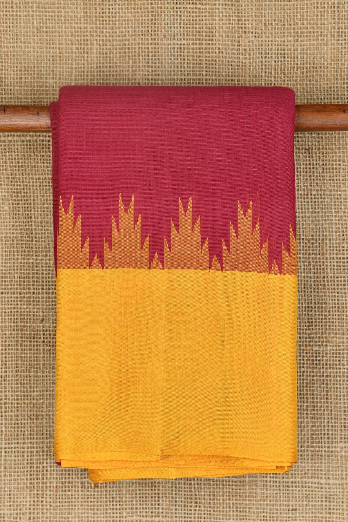 Contrast Silk Border With Temple Design Maroon Kanchi Cotton Saree
