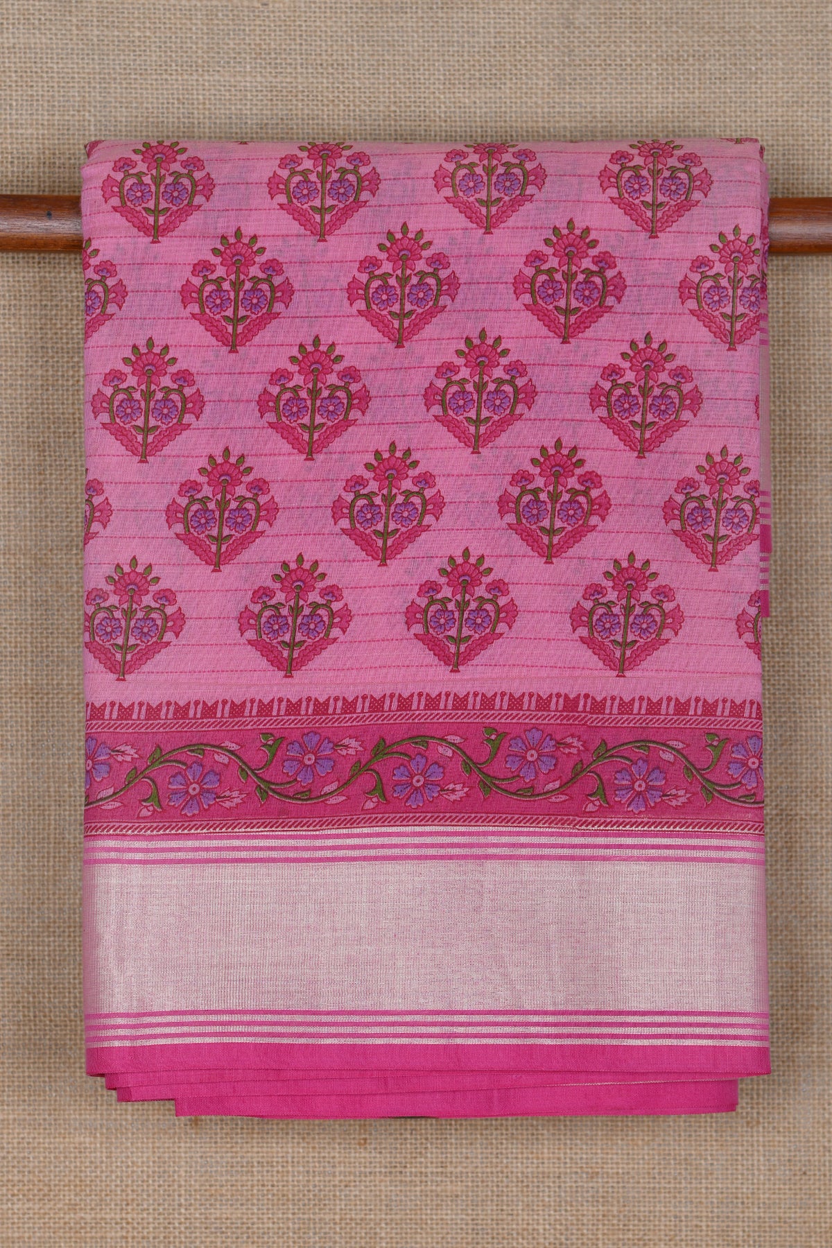 Stripes And Flower Printed Pink Chanderi Cotton Saree