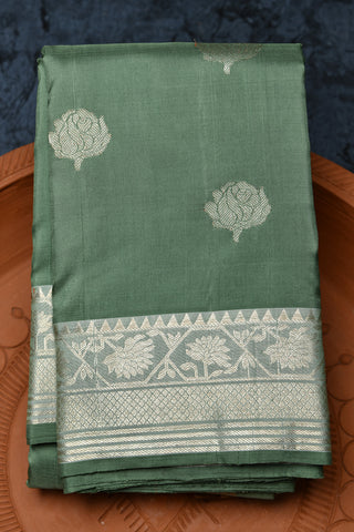 Silver Zari Border And Rose Flower Buttis Sage Green Kanchipuram Silk Saree