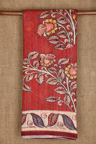 Botanical Digital Print Maroon Linen Cotton Saree