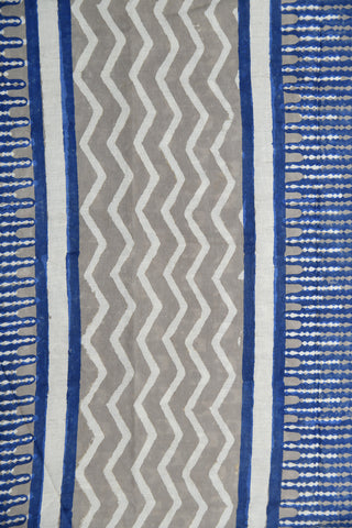 Minimal Geometric Pattern Printed Pastel Grey With Indigo Blue And White Jaipur Cotton Saree