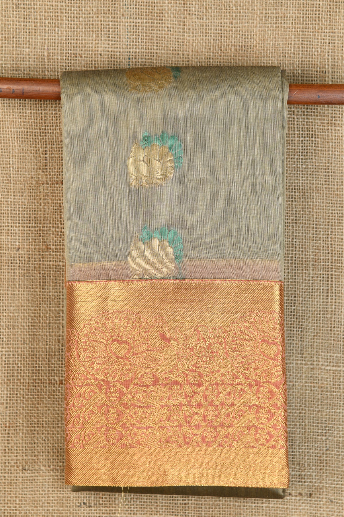 Traditional Zari Border With Peacock Motif Grey Taupe Kora Silk Cotton Saree